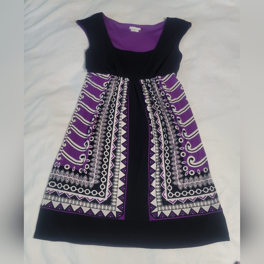 London Times Purple and Black Patterned Fit-and-Flare Dress Size 6